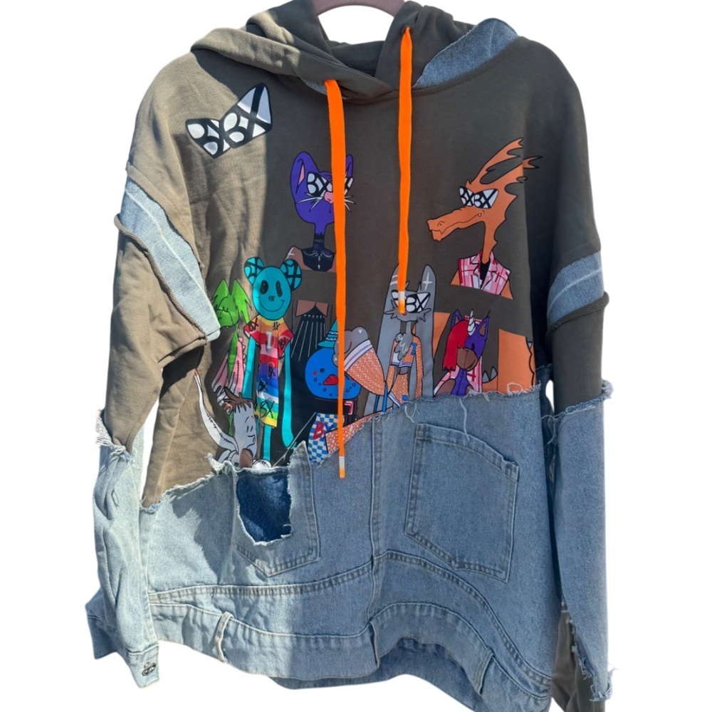 Graphic Hoodie with Denim Patchwork
